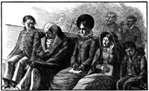 Illustration of an old-fashioned church with people sleeping in the pews